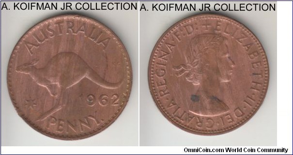 KM-56, 1962 Australia penny, Perth mint (dot after PENNY); bronze, plain edge; Elizabeth II, light brown uncirculated details, obverse spot.