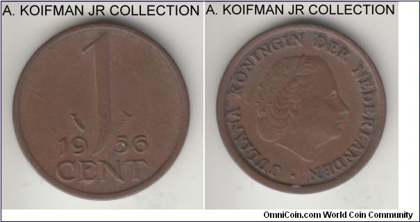 KM-180, 1956 Netherlands cent; bronze, plain edge; Juliana, brown good extra fine to almost uncirculated.