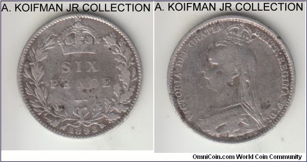 KM-760, 1893 Great Britain 6 pence; silver, reeded edge; Victoria, scarce Jubilee head type, well circulated and some scuffing.