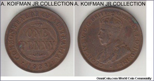 KM-23, 1923 Australia penny, Melbourne mint (no mint mark); bronze, plain edge; George V, good fine details, few spots.