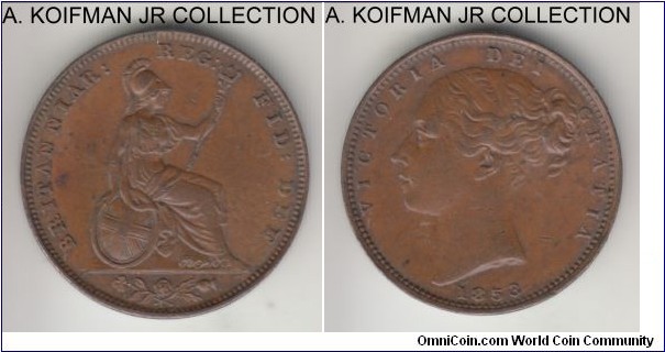 KM-725, 1853 Great Britain farthing; copper, plain edge; Victoria, first type, raised WW, no colon variety, brown about extra fine.