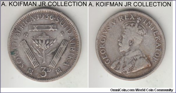 KM-15.2, 1936 South Africa (Dominion) 3 pence; silver, plain edge; late George V, well circulated.