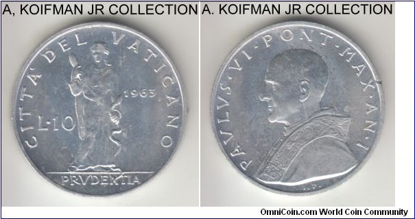 KM-79.1, 1963 Vatican 10 lire; aluminum, plain edge; Year I of Pope Paul VI, mintage 90,000, uncirculated details, some toning and a small edge nick.