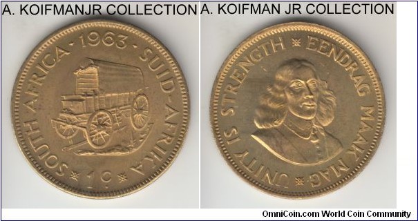 KM-57, 1963 South Africa (Republic) cent; brass, plain edge; 4-year transitional Republican issue, possible proof, bright red.