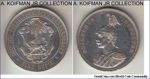 KM-2, 1891 German East Africa rupie; silver, reeded edge; Wilhelm II, early type, smaller mintage, good extra fine or better, cleaned and a small edge nick.