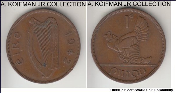 KM-11, 1942 Ireland penny; bronze, plain edge; common, decent very fine.
