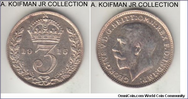 KM-813, 1915 Great Britain 3 pence; silver, plain edge; George V, good extra fine.