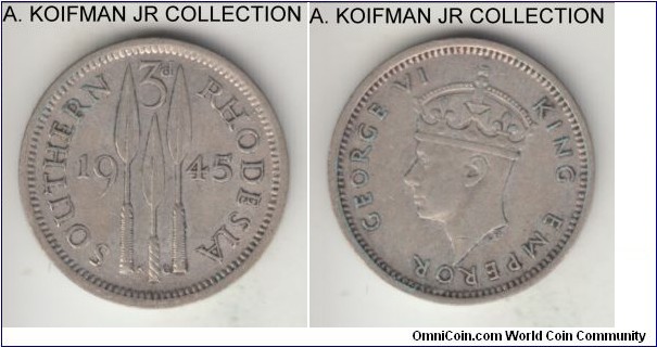 KM-16a, 1945 Southern Rhodesia 3 pence; silver, plain edge; George VI, smaller mintage year, very fine.