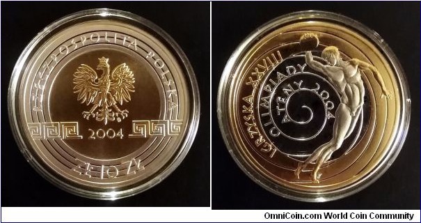 Poland 10 złotych. 2004, XXVIIIth Olympic Games - Athens 2004. Ag 925 (partially plated with Au 999) Weight; 14,14g. Diameter; 32mm. Proof. Mintage: 90.000 pcs.
