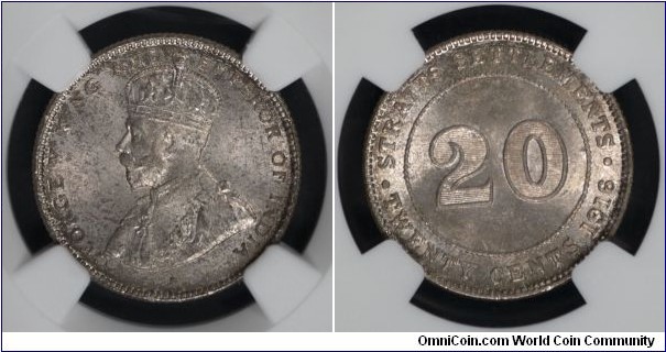 SS Kg George V, 
Year : 1916, 
Denomination : 20 Cents. Composition : Silver 600 fine. 
Mintage 545,230
NGC Graded : MS65