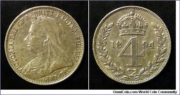 1894 Queen Victoria Maundy 4 pence. Ag 925. Weight; 1,89g. Diameter; 18mm. Mintage: 9.385 pcs.