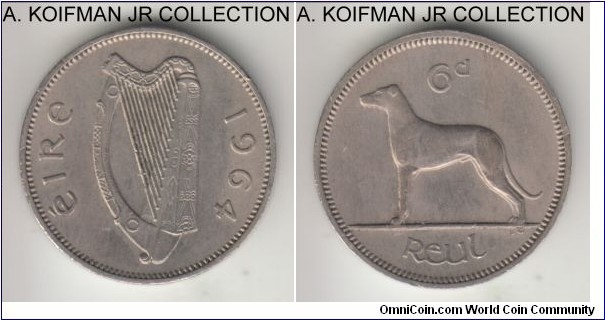 KM-13a, 1964 Ireland 6 pence; copper-nickel, plain edge; pre-decimal, good extra fine with some overall toning.