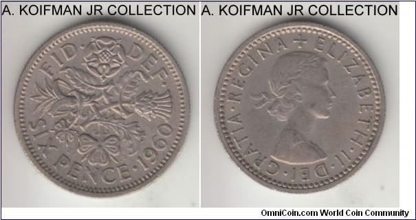 KM-903, 1960 Great Britain 6 pence; copper nickel, reeded edge; Elizabeth II, extra fine or so.