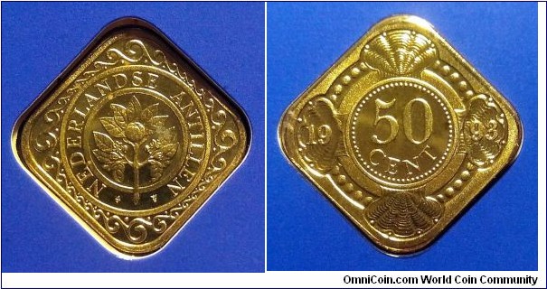 Netherlands Antilles 50 cents from 1993 mint set. Mintage: 8.560 pcs.