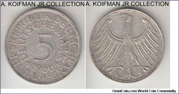 KM-112.1, Germany 5 mark, Stuttgart mint (F mint mark); silver, lettered edge; good very fine or better.