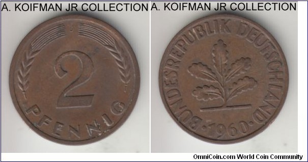 KM-106, 1960 Germany (Federal Republic) 2 pfennig, Hamburg mint (J mint mark); bronze, plain edge; brown almost uncirculated.