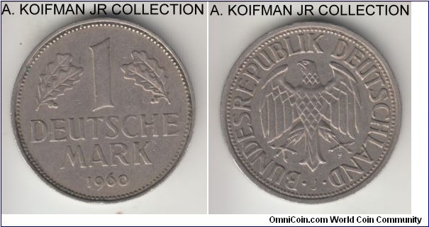 KM-110, 1960 Germany (Federal Republic) mark, Hamburg mint (J mint mark); copper-nickel, ornamented edge; circulation issue, decent very fine.