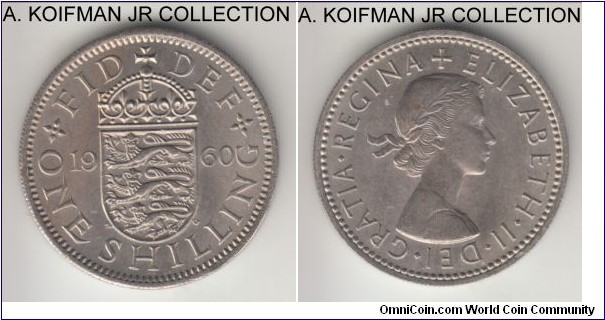 KM-904, 1960 Great Britain shilling; copper-nickel, reeded edge; Elizabeth II, English crest, average uncirculated, couple of carbon spots.