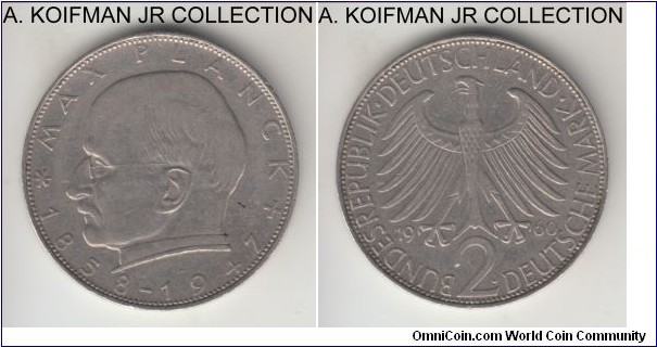 KM-116, 1960 Germany (Federal Republic) mark, Hamburg mint (J mint mark); copper-nickel, lettered edge; Max Planck circulation issue, extra fine or about.
