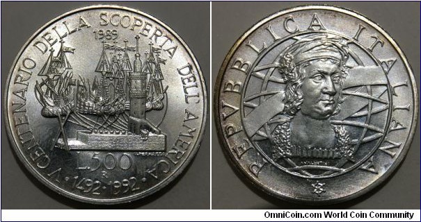 500 Lire (Italian Republic / 500th Anniversary of discovery of America - 1st Issue // SILVER 0.835 / 11g / ⌀29mm / Low Mintage: 75.000 pcs) 