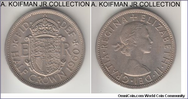 KM-907, 1960 Great Britain 1/2 crown; copper-nickel, reeded edge; Elizabeth II, average uncirculated.