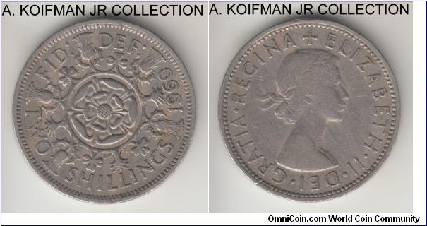 KM-906, 1960 Great Britain 2 shillings (florin); copper-nickel, reeded edge; Elizabeth II, fine to very fine.