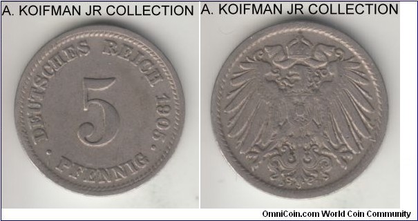 KM-11, 1905 Germany (Empire) 5 pfennig, Munich mint (D mint mark); copper-nickel, plain edge; Wilhelm II, common mint, good very fine.