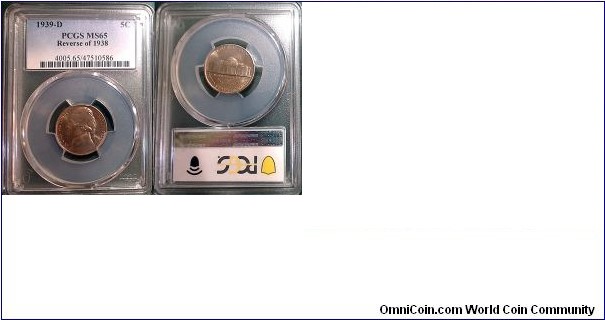 A 1939-D Nickel with a reverse of a 1938 Nickel PCGS MS65