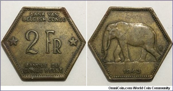 2 Francs (Belgian Congo / King Leopold III // Brass 6g) 