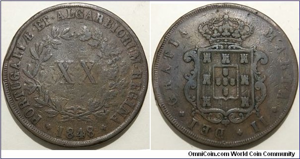 20 Reis (Kingdom of Portugal / Queen Maria II - 2nd Reign // Copper 25.5g / Mintage: 801.000 pcs) 