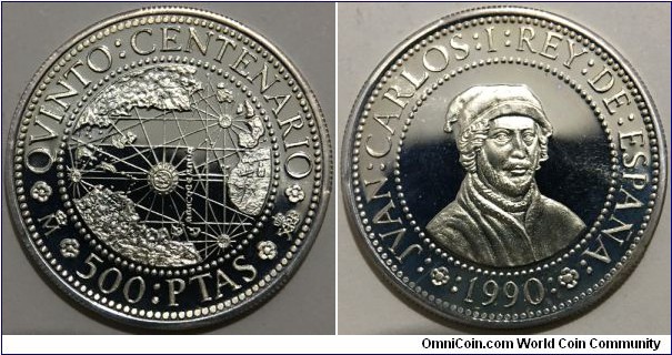 500 Pesetas (Kingdom of Spain / King Juan Carlos I / Series: 5th Centennial of the Discovery of America // SILVER 0.925 / 6.75g / ⌀27mm / Low Mintage: 12.596 pcs / PROOF) 
