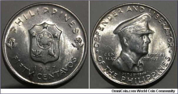 50 Centavos (Republic of the Philippines / Liberation of the Philippines from the Japanese by Gen. Douglas MacArthur // SILVER 0.750 / 10g / ⌀27.5mm / Mintage: 200.000 pcs) 