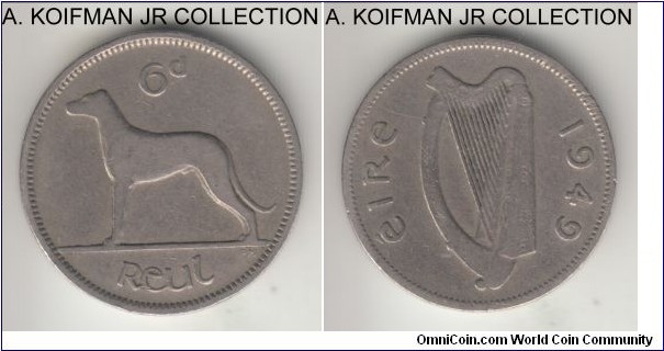 KM-13a, 1949 Ireland 6 pence; copper-nickel, plain edge; Irish wolfhound, pre-decimal Republican coinage, smaller mintage year, average circulated.