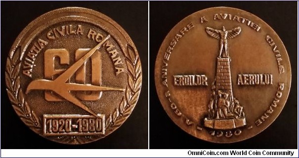 Medal commemorating 60th Anniversary of the Romanian Civil Aviation. Diameter; 49mm.
