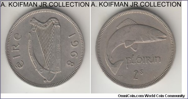 KM-15a, 1968 Ireland florin (2 shillings); copper-nickel, reeded edge; last Republican pre-decimal and smaller mintage, good extra fine or so.