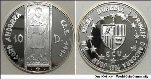 10 Diners (Principality of Andorra / Bishop Joan Marti i Alanis / Series: Customs Union Agreement //  SILVER 0.925 / 31.47g / ⌀38.6mm / Low Mintage: 25.000 pcs / PROOF) 