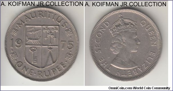 KM-35.1, 1975 Mauritius rupee; copper nickel, security edge; Elizabeth II, good extra fine.
