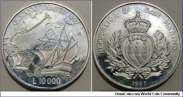 10.000 Lire (Republic of San Marino / Commemorative issue - Great navigators: Giovanni Caboto // SILVER 0.835 / 22g / ⌀34mm / Low Mintage: 32.000 pcs / PROOF)