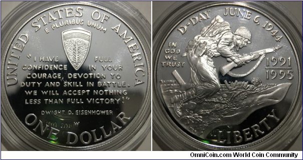 1 Dollar (United States of America / 50th Anniversary of World War II // SILVER 0.900 / 26.73g / ⌀38.1mm / Mintage: 342.041 pcs / United States Mint of West Point / PROOF)