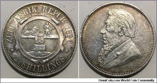 2 Shillings (Z.A.R. - Transvaal Boer Republic / Johannes Paulus Kruger // SILVER 0.925 / 11.31g / ⌀28.7mm / Mintage: 353.480 pcs)