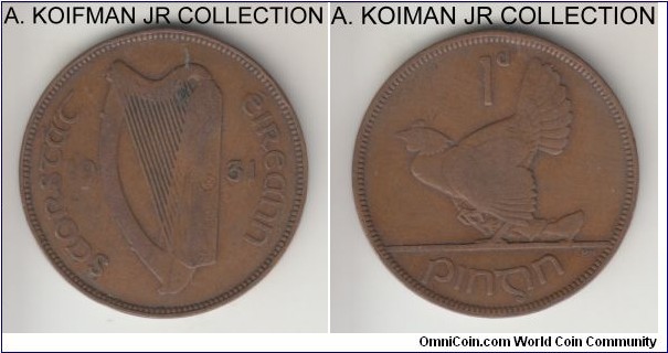 KM-3, 1933 Ireland penny; bronze, plain edge; Irish Free States, average good fine to very fine.