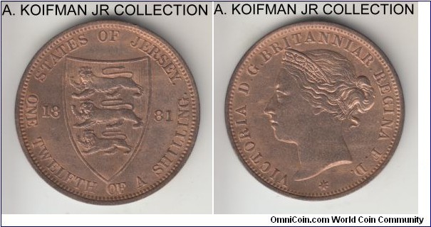 KM-8, 1888 Jersey 1/12'th of a shilling, Royal Mint (no mint mark); bronze, plain edge; Victoria, key year of the type, mintage of 75,000 (Krause) to 75,153 (Numista), red uncirculated.