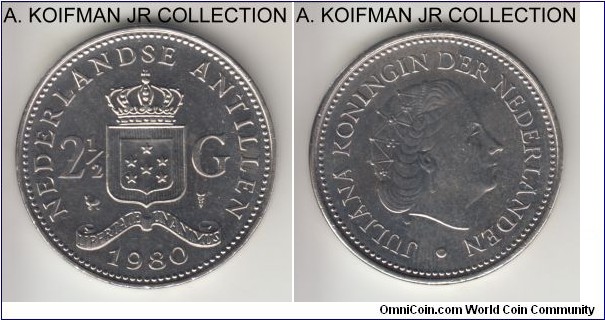KM-19, 1980 Netherlands Antilles 2 1/2 gulden; nickel, lettered edge; Juliana, bright almost uncirculated.