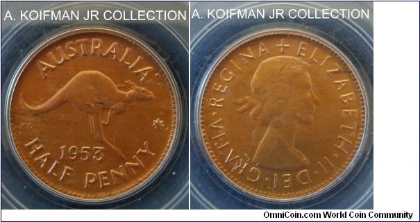 KM-49, 1953 Australia half penny, Perth mint (dot after AUSTRALIA); bronze, plain edge; Elizabeth II, PCGS graded MS64RB.
