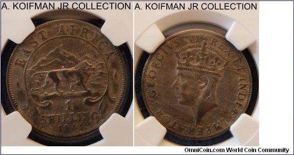 KM-28.2, 1941 East Africa shilling, Bombay mint (I mint mark); silver, reeded edge; George VI, scarcer thick rim, small loop variety, NGC graded XF 45.