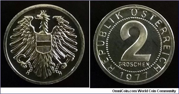 Austria 2 groschen  from 1977 proof coin set. Mintage: 47.000 pcs.