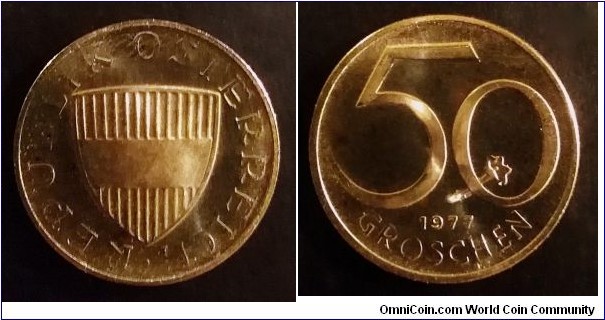 Austria 50 groschen  from 1977 proof coin set. Mintage: 44.000 pcs. 