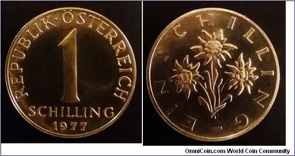 Austria 1 schilling  from 1977 proof coin set. Mintage: 44.000 pcs.