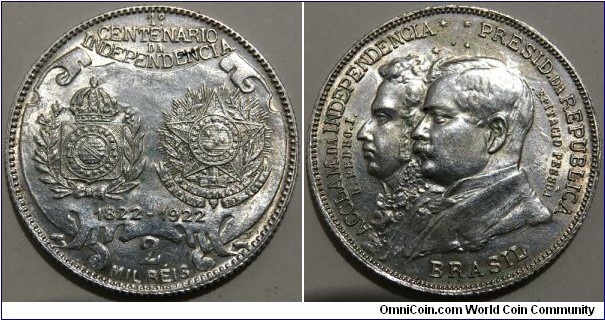 2000 Reis (Republic of the United States of Brazil / Independence Centennial // SILVER 0.900 / 7.9g / ⌀26mm)