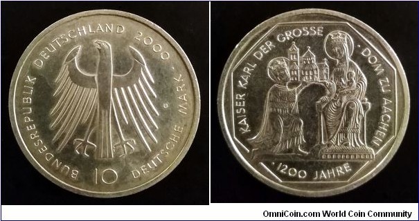 Germany 10 mark. 2000 (G) 1200th Anniversary of the Founding of the Cathedral in Aachen by Charlemagne. Ag 925. Weight; 15,5g. Diameter; 32,5mm. 